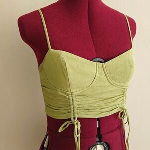 Garage Green Ruched Bustier Crop Top XS Smocked Back Sweetheart Neckline